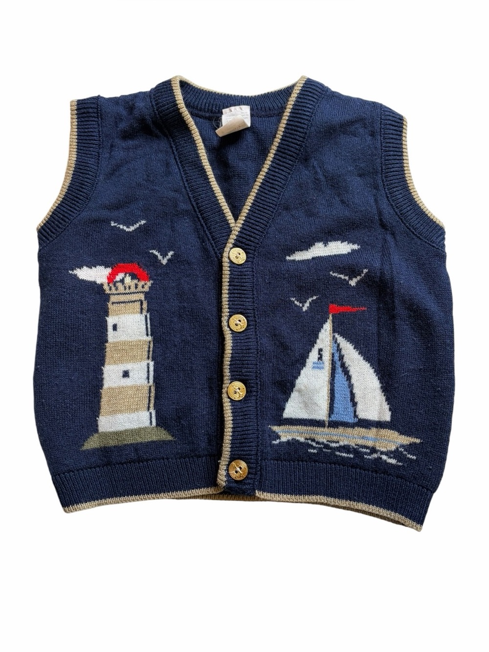 Vintage 4T Toddler Boy Knit V-Neck Vest Blue Coastal Nautical Lighthouse